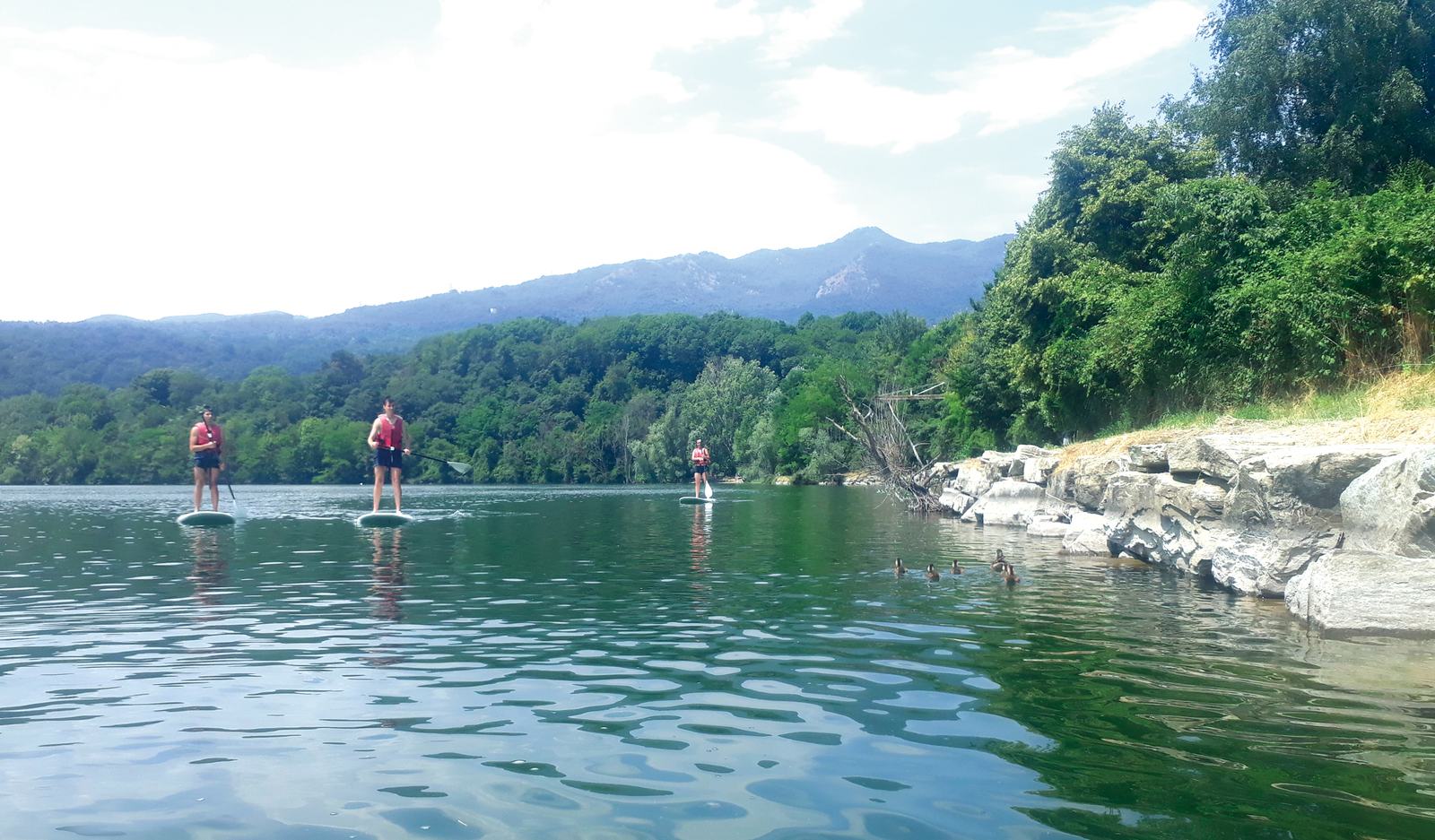 Paddleboarders out on a calm lake ringed by forest and hills