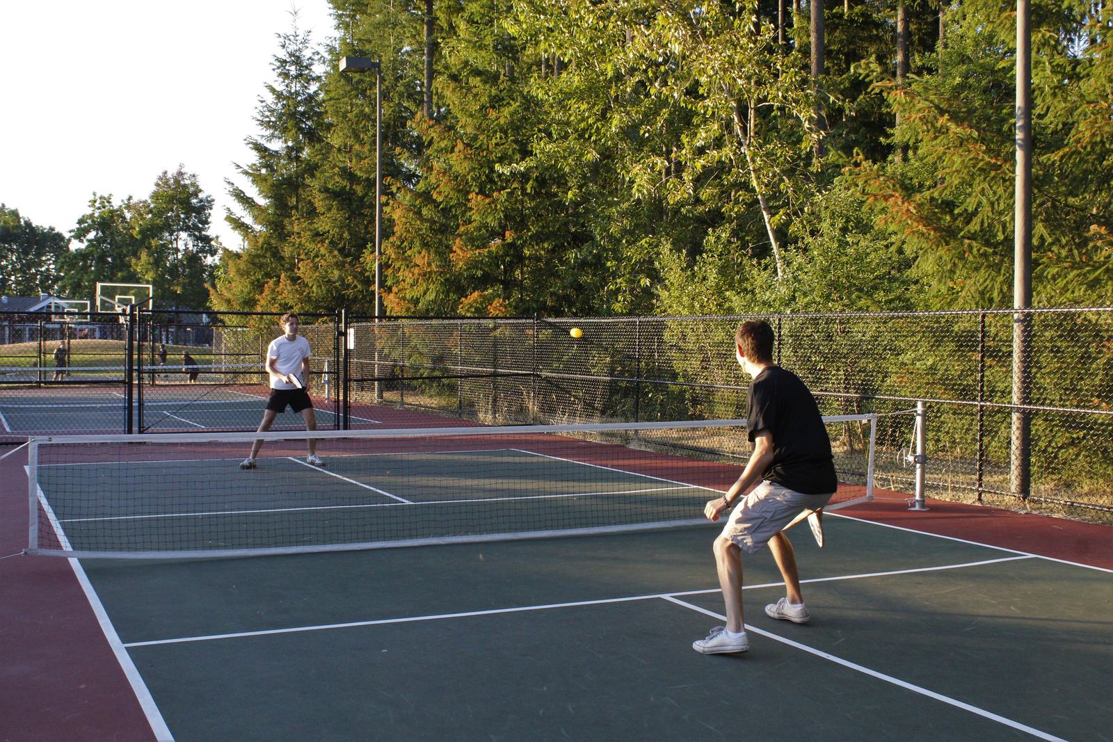 Two people playing pickleball on an outdoor court beside the trees